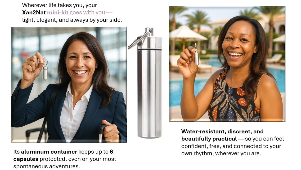 Wherever life takes you, your Xan2Nat mini-kit goes with you — water-resistant aluminum container holds up to 6 capsules, discreet and beautifully practical