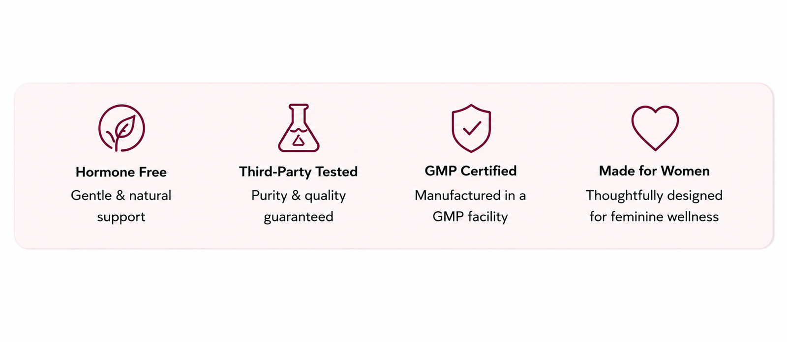 Hormone Free · Third-Party Tested · GMP Certified · Doctor Formulated · Made for Women